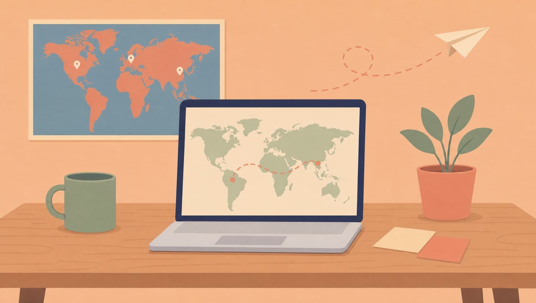 A desk with a laptop, a pinned world map and a paper plane crossing the room