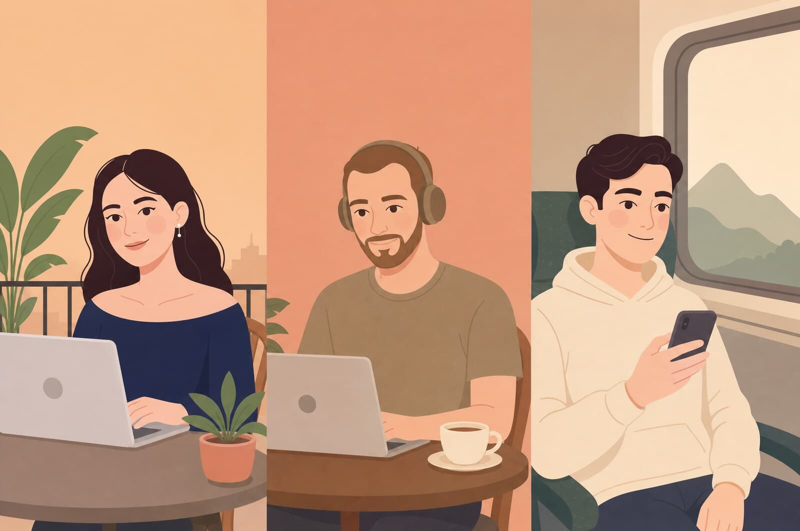 Three of us working from a balcony, a cafe and a train on the same day
