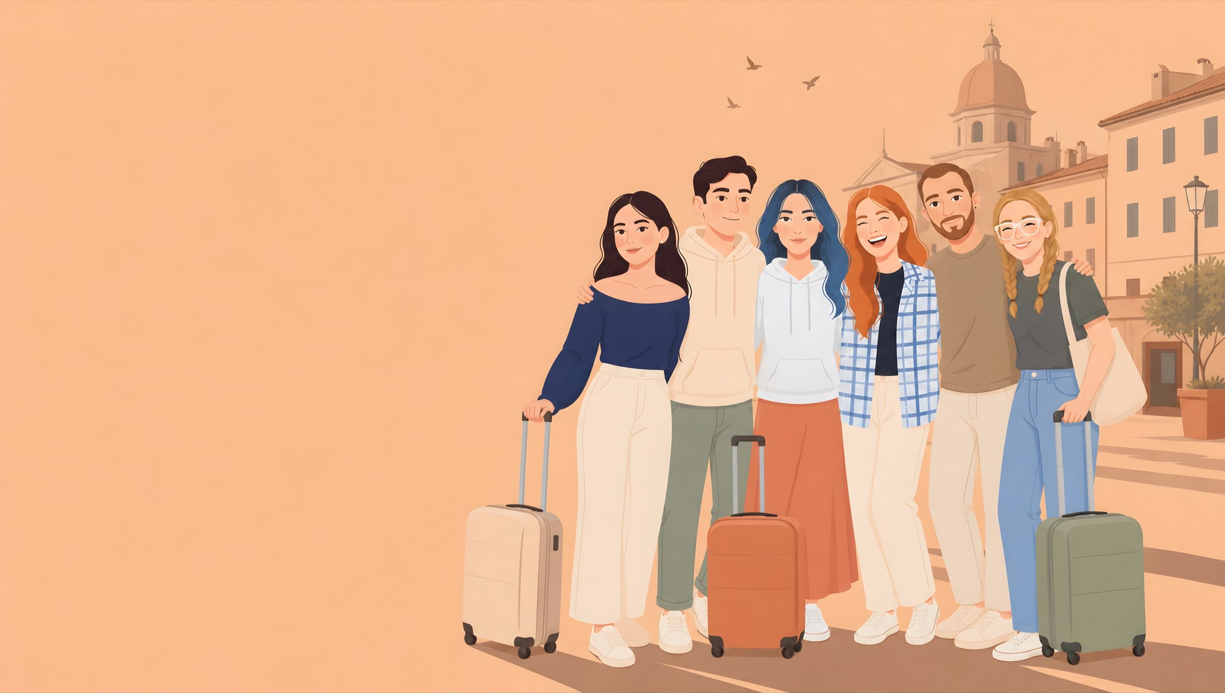 The six of us together in a sunlit square, hand luggage still in hand