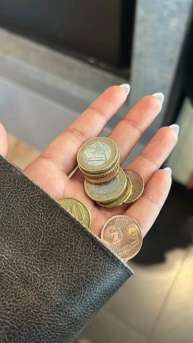 A hand holding a few euro coins, ready for a paid public toilet